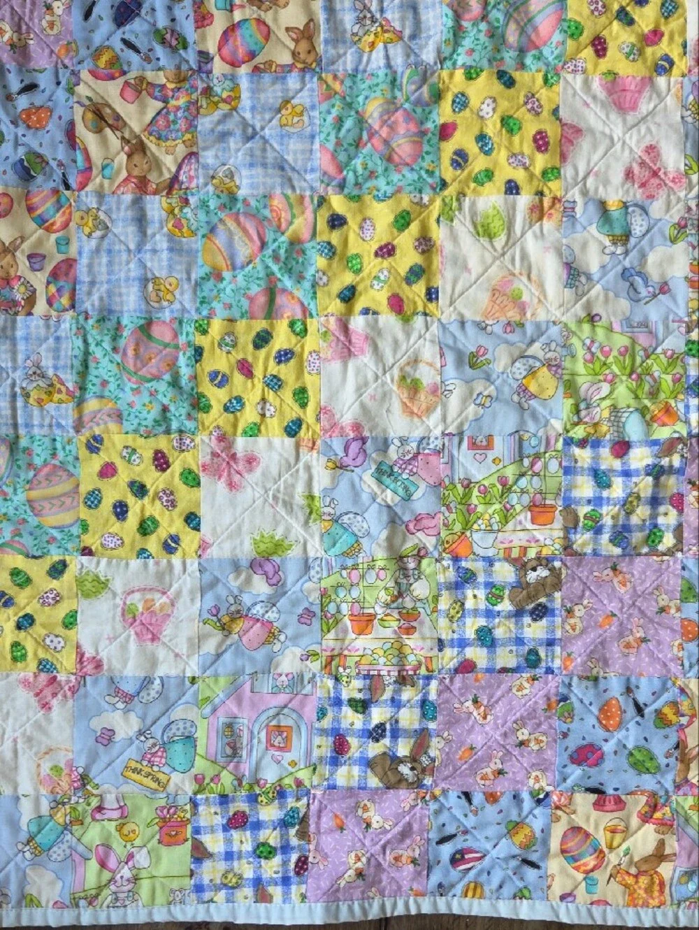 Handmade Pastel Patchwork  Baby Quilt Easter  Bunny Yellow Purple Blue